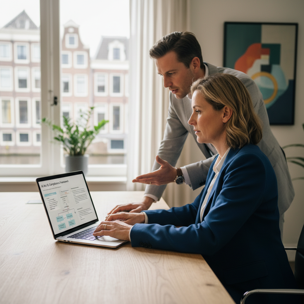 Nederlandse ondernemer bekijkt AI-regels en compliance-informatie op een laptop