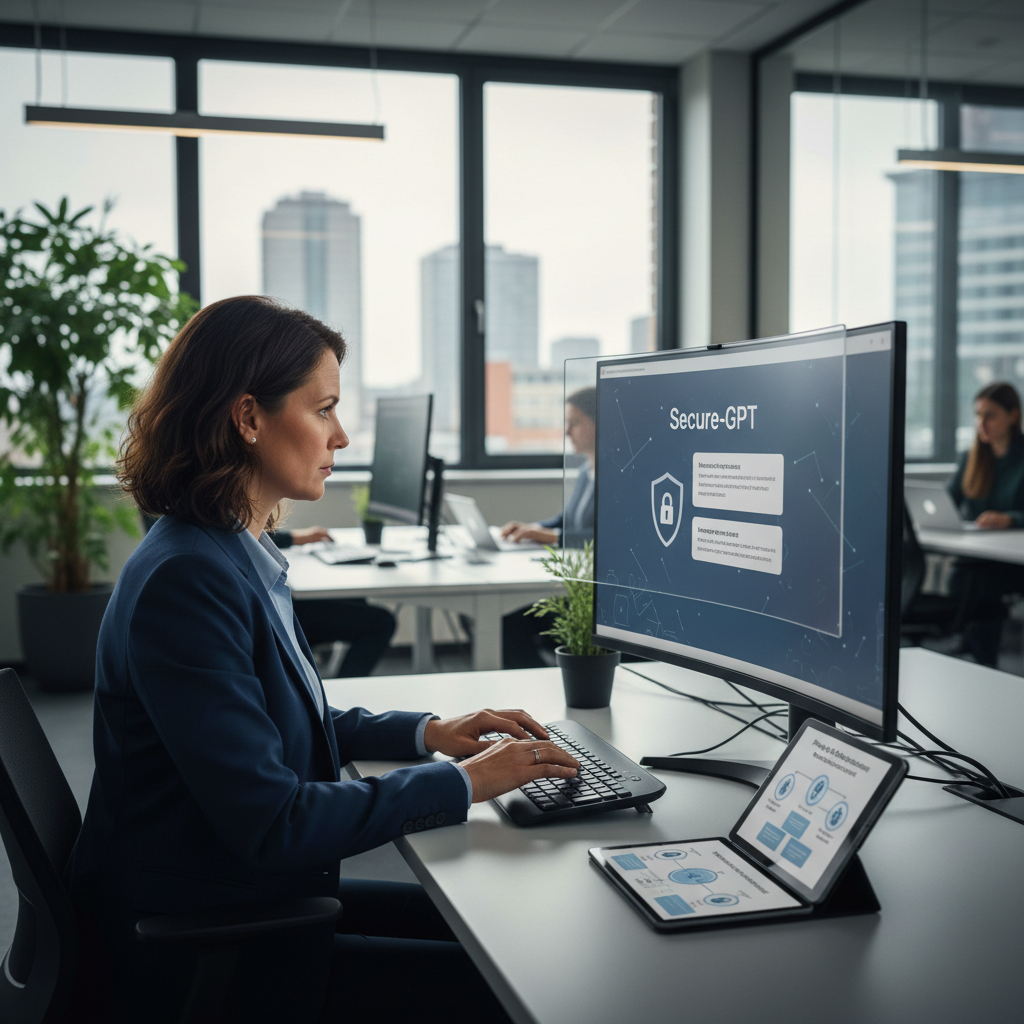 Professional die op kantoor veilig met ChatGPT werkt terwijl privacy en databeveiliging centraal staan