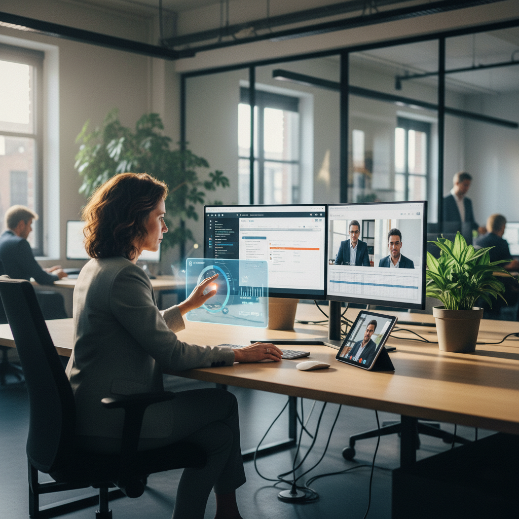 Professional werkt met AI-ondersteuning in documenten, spreadsheets en online overleg