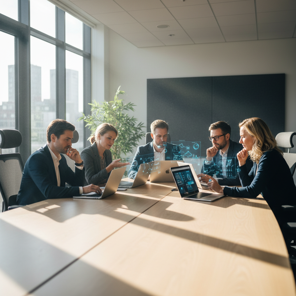 MKB-team dat samen AI-tools gebruikt op laptops in een moderne kantooromgeving
