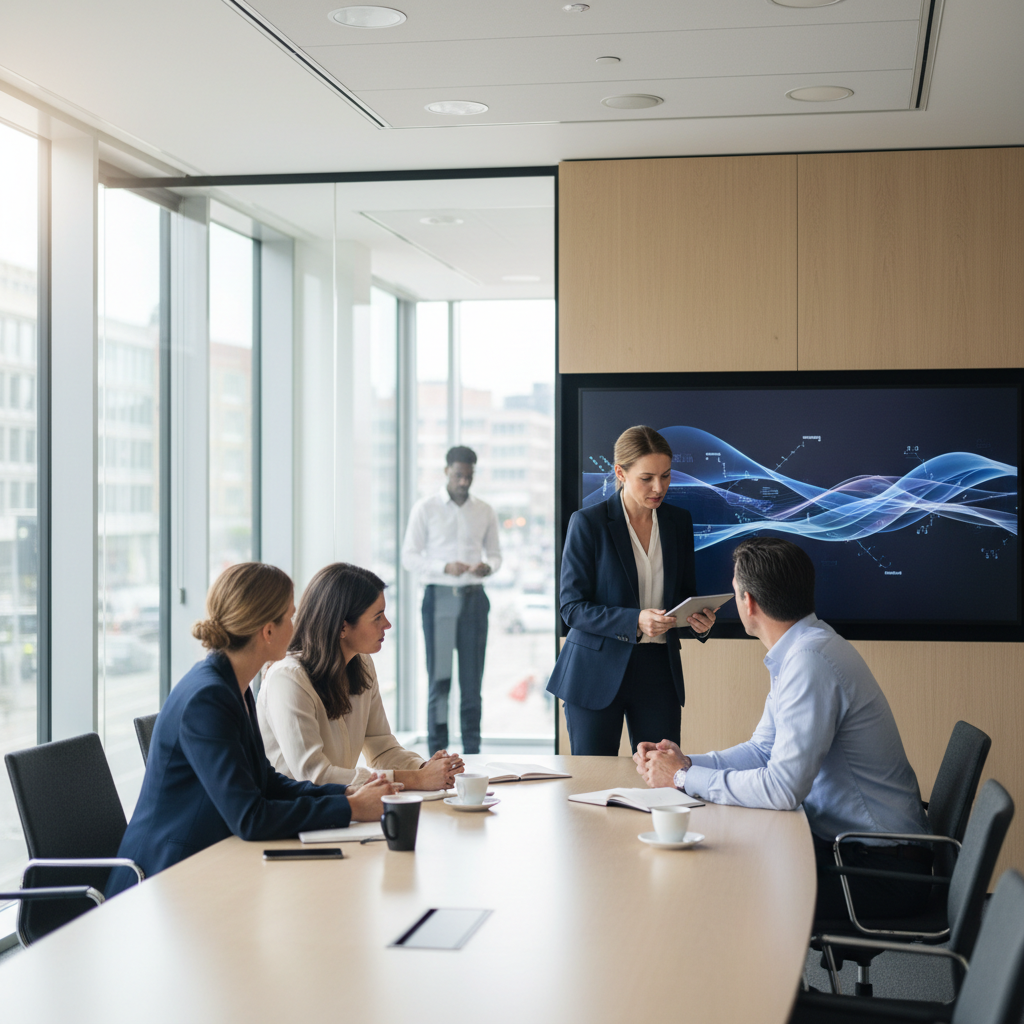 Professionals bespreken samen een AI-beleid op kantoor