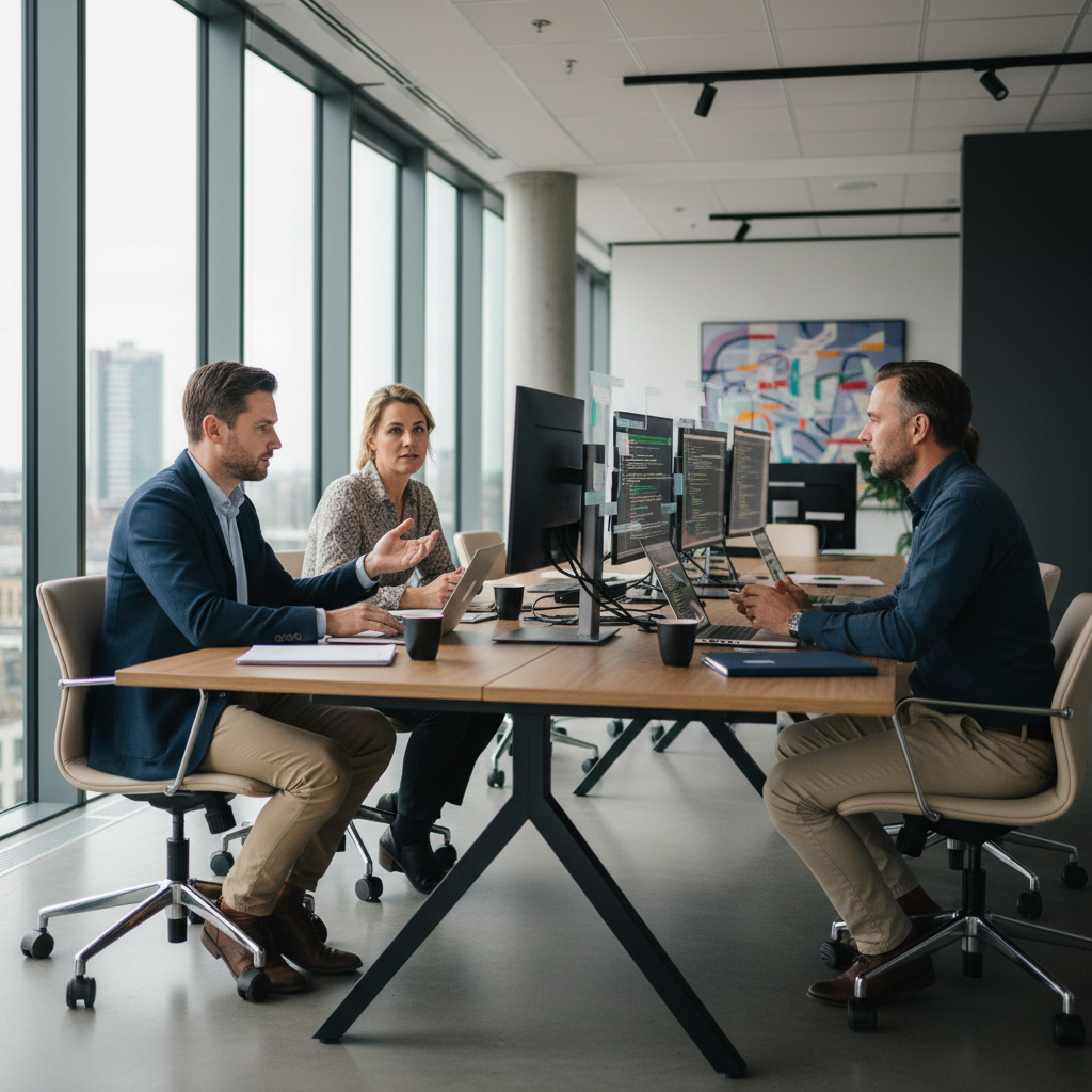 Professionals die samen AI-prompts bespreken op laptops in een moderne kantooromgeving